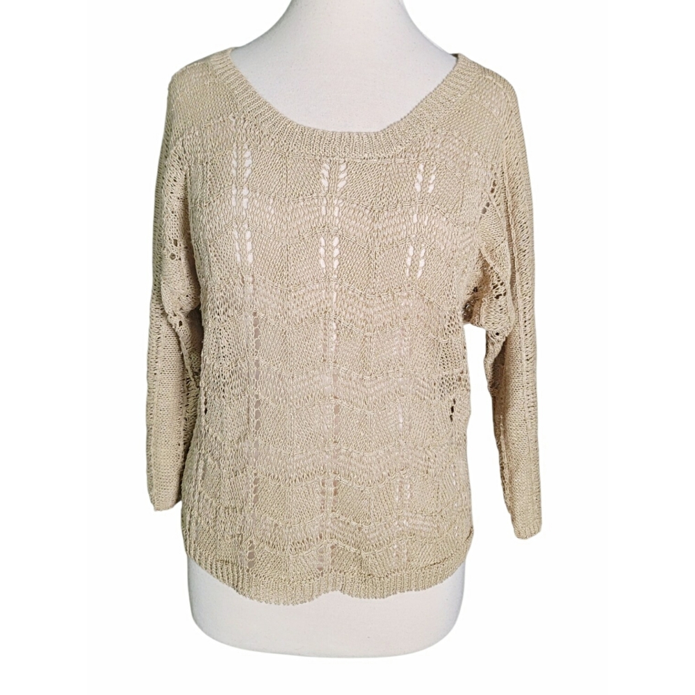Lucky Brand Live In Love Tan Open Weave Sweater Size M